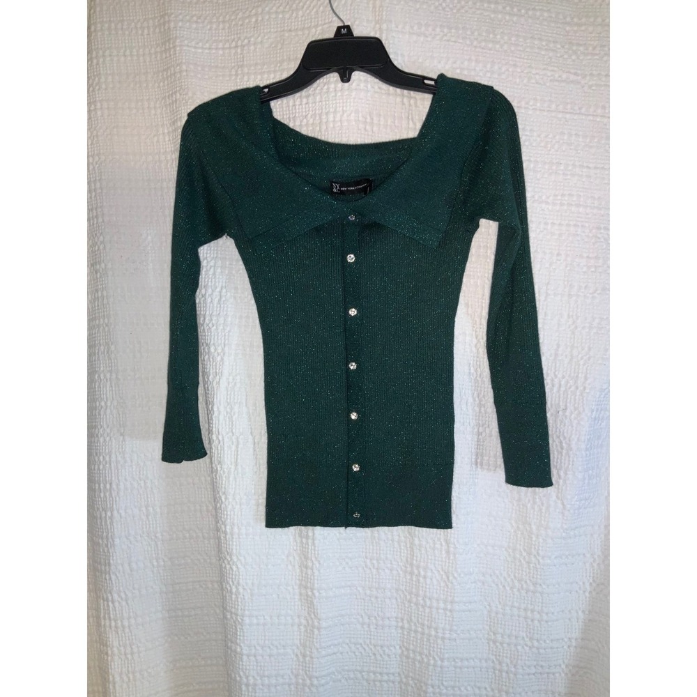 NY&C New York‎ & Company Green Sparkle holiday festive Button Down Top Christmas
